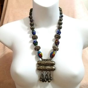Vintage Silvertone Bead Ethnic Necklace